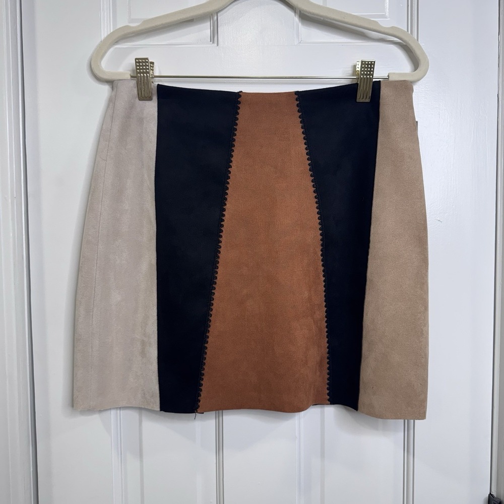 Zara Faux Suede Colorblock Mini Skirt Womens Medium Brown Black Beige Boho